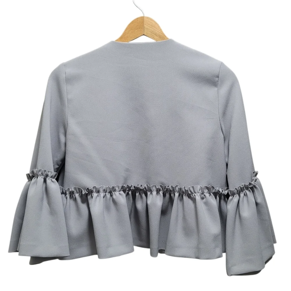 Sz 6 US Grey Topshop Cropped Blazer Ruffled Bell Sleeves Open Front